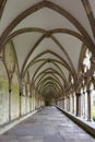 The vaulted ceiling of walkway in Salisbury Cathedral Church, England