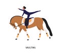 Vaulting, horse riding tricks flat vector illustration. Female gymnast cartoon character. Acrobatic riding, equestrian