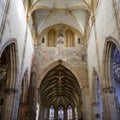 Interior Ulm Minster, main aisle with fresco paintings and Jesus in Ulm Cathedral. Ulmer Muenster, Baden-Wuerttemberg, Germany