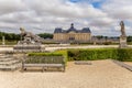 Vaux-le-Vicomte, France. Sculptures in the park and the central structure of manor