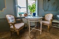 Vaxjo, Seden - October, 2018: Vintage furniture, decor inside classic Bergkvara Tantens cafe, beautifully situated in a cultural