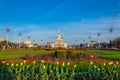 VDNH, Central alley of the Park on a summer evening. Famous flower beds of the exhibition center. Moscow, Russia, may 2019 Royalty Free Stock Photo