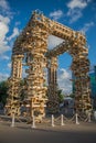 VDNH. Exhibition of achievements of national resources. Moscow. Summer. Wooden installation.