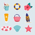 Summer Beach Holiday Elements Icons Set. Flat Design Illustration. Isolated Objects. Royalty Free Stock Photo