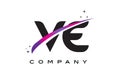 VE V E Black Letter Logo Design with Purple Magenta Swoosh