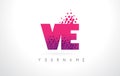 VE V E Letter Logo with Pink Purple Color and Particles Dots Design.