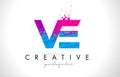 VE V E Letter Logo with Shattered Broken Blue Pink Texture Design Vector.