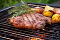 veal chop and barbecue grill visible in the background Royalty Free Stock Photo