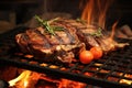 veal chops nestled among hot coals in a made from brick barbecue