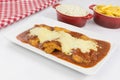 Veal parmigiana in a white platter with rice in and french fries in white background Royalty Free Stock Photo