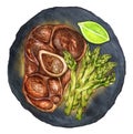 Veal shank steak with grilled asparagus and lime. Watercolor