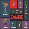 Vecctor zombie cartoon Halloween magic people body parts, green skin human organs Zombie man and woman character pattern