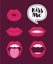 Female lips set. Mouth with a kiss, smile, tongue, teeth. Vector comic illustration in pop art retro style isolated on Royalty Free Stock Photo