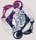 Vecor illustration of woman head with beautiful hairstyle with ship and waves.