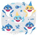 Vecor set of Baby Shark Birthday Illustrations Royalty Free Stock Photo