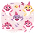 Vecor set of Baby Shark Birthday Illustrations