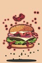 Vecotiral illustration of beef burger, goat cheese, bacon and caramelized onion