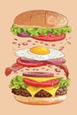 Vecotiral illustration of beef burger with ham, cheese, egg, lettuce, tomato and onion