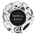Vecotr hand drawn smoothie bowls poster. Exotic engraved fruits. Round border composition. Banana, mango, papaya, pitaya