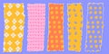 Vecrtical Strip of paper shapes set in groovy childish style with vintage bright colors and simple patterns. Trendy