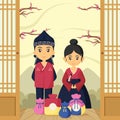 Illustration of Young Korean Couple Bringing Gifts