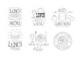 Vectoe set of hand drawn black and white emblems for lunch menu. Original logos with fresh pizza, tasty burger, fired