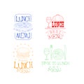 Vectoe set of sketch logos for cafe or restaurant menu. Time to lunch. Emblems with pizza, burger, water glass and Royalty Free Stock Photo