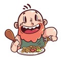 Bearded man eating noodle with chicken