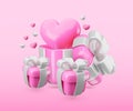 Vector 3d Valentines gift box concept. Cute love pink open present with silver ribbon, bow and hearts. Realistic 3d Royalty Free Stock Photo