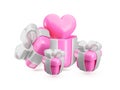 Vector 3d Valentines love gift box concept. Cute pink open present with silver ribbon and hearts. Realistic 3d render Royalty Free Stock Photo