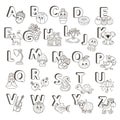 Vector ABC poster. Capital letters of the English alphabet with cute cartoon zoo animals and things. Coloring page for Royalty Free Stock Photo