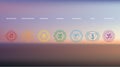 Vector abstract aerial panoramic view of sunrise over ocean with chakras icon set: muladhara, swadhisthana, manipura, anahata,