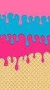 Vector Abstract Background, Concept Of Bright Drips Of Color Of Gum On A Waffle Background. Unusual Ice Cream, Sweets. Design