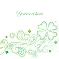 Vector abstract background with dotted lucky four leaf clover or shamrock, swirls and curly lines in green isolated on white. Royalty Free Stock Photo