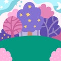 Vector abstract background with magic forest, purple and pink trees, stars, green field. Magic or fantasy world scene. Cute Royalty Free Stock Photo