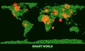 Vector abstract binary world map. Continents constructed from green binary numbers. Global information network. Royalty Free Stock Photo