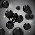 Vector abstract black glossy molecules design. Atoms with glow light sparks illustration. Medical background for science banner