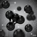 Vector abstract black glossy molecules design with binary code and technical data. Atoms illustration. Medical background