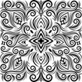 Vector abstract black and white ornament, curve swirls seamless pattern with flowers and curls, line ethnic drawing. Vintage Royalty Free Stock Photo