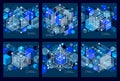 Vector abstract blue black backgrounds set created in isometric mesh lines style. Mechanical scheme, vector engineering drawing Royalty Free Stock Photo