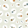 Vector Abstract Blue Orange Gold Flowers with Green Leaves in White Circles on Light Green Background Seamless Repeat Royalty Free Stock Photo