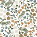 Vector Abstract Blue Orange Yellow Flowers with Green Leaves on White Background Seamless Repeat Pattern. Background for Royalty Free Stock Photo