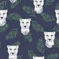 Vector Abstract Cheetah Hiding Behind Palm Leaves seamless pattern background. Perfect for fabric, scrapbooking and