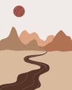 Vector abstract contemporary aesthetic background landscape with mountains, sunset, road, sunrise. Boho wall textured print decor