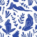 Vector abstract feminine, women figures illustration seamless pattern. Matisse inspired blue nature background. Sitting