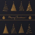 Vector Abstract Hand drawing golden line graphic christmas tree set.