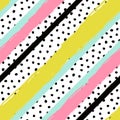 Vector abstract hand drawn seamless pattern with striped geometric brush painted elements and polka dots Royalty Free Stock Photo