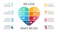 Vector abstract heart infographic, cycle diagram, love graph, presentation chart. Love work concept with 8 options