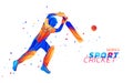 Vector abstract illustration of batsman playing cricket from colored liquid splashes and brush strokes with colored dots