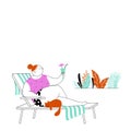 Vector abstract illustration.Cute fat girl is lying on a chaise longue.A young woman at home in front of the window drinking a